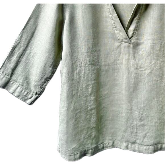Tahari Loose Boxy Pullover Top Women Medium 100% Linen 3/4 Sleeve V-Neck Green - Picture 3 of 6
